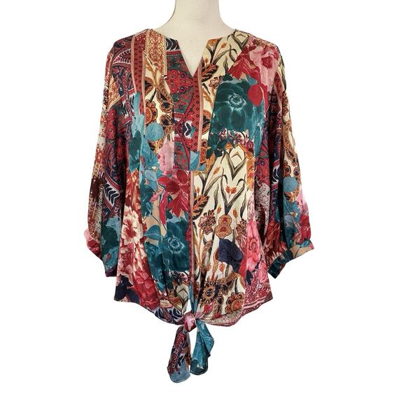 Chicos Multicolored Satin Tie Front Blouse Top Size 14 Floral Balloon Sleeves - Picture 1 of 9
